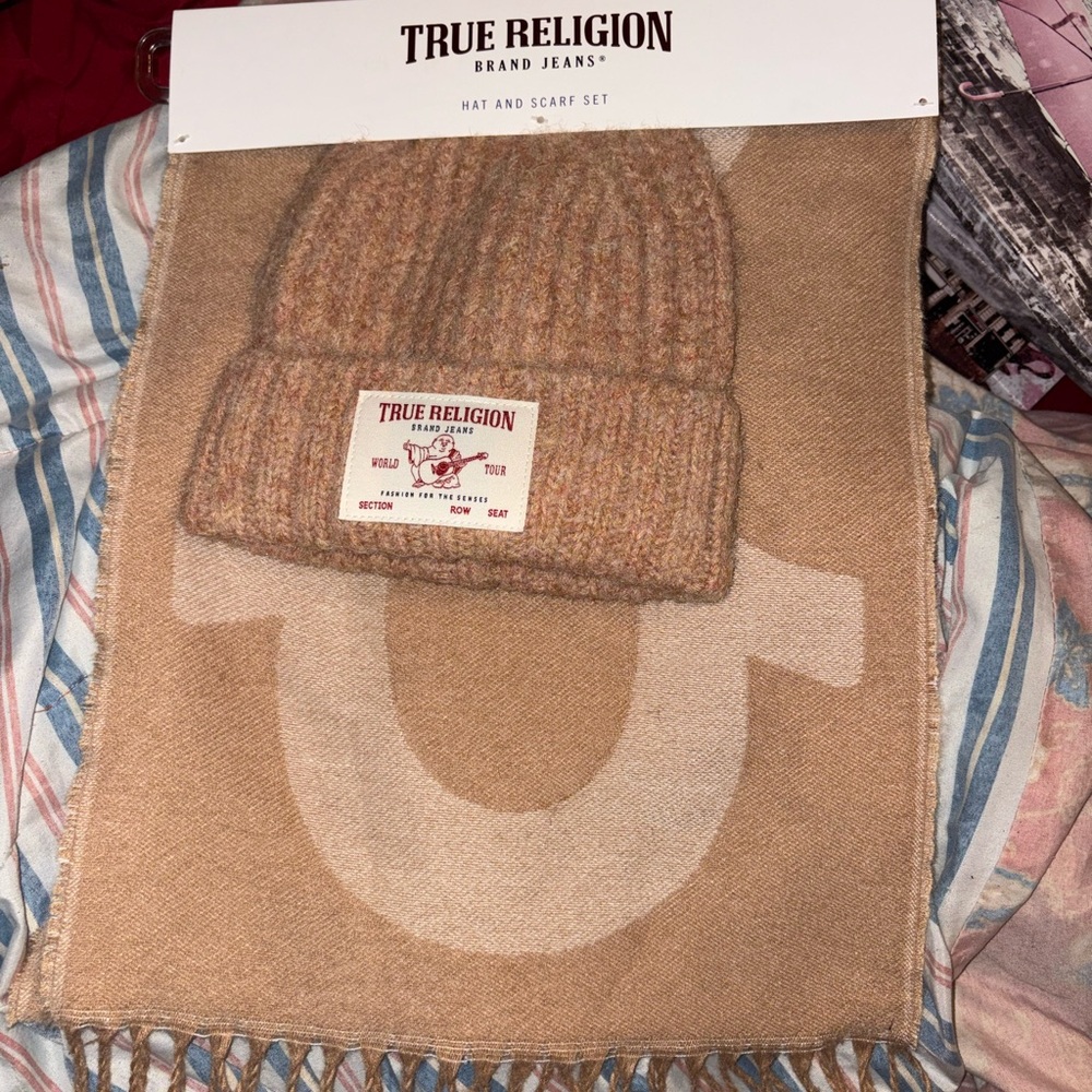 True Religion Tan and Cream Scarf & Beanie Set